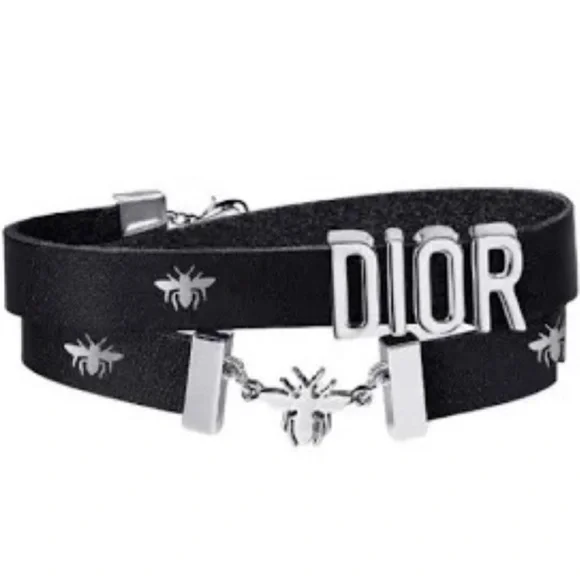 DIOR BEE CALFSKIN LEATHER BRACELET Double Wrap Dark Navy & Silver - Picture 7 of 7
